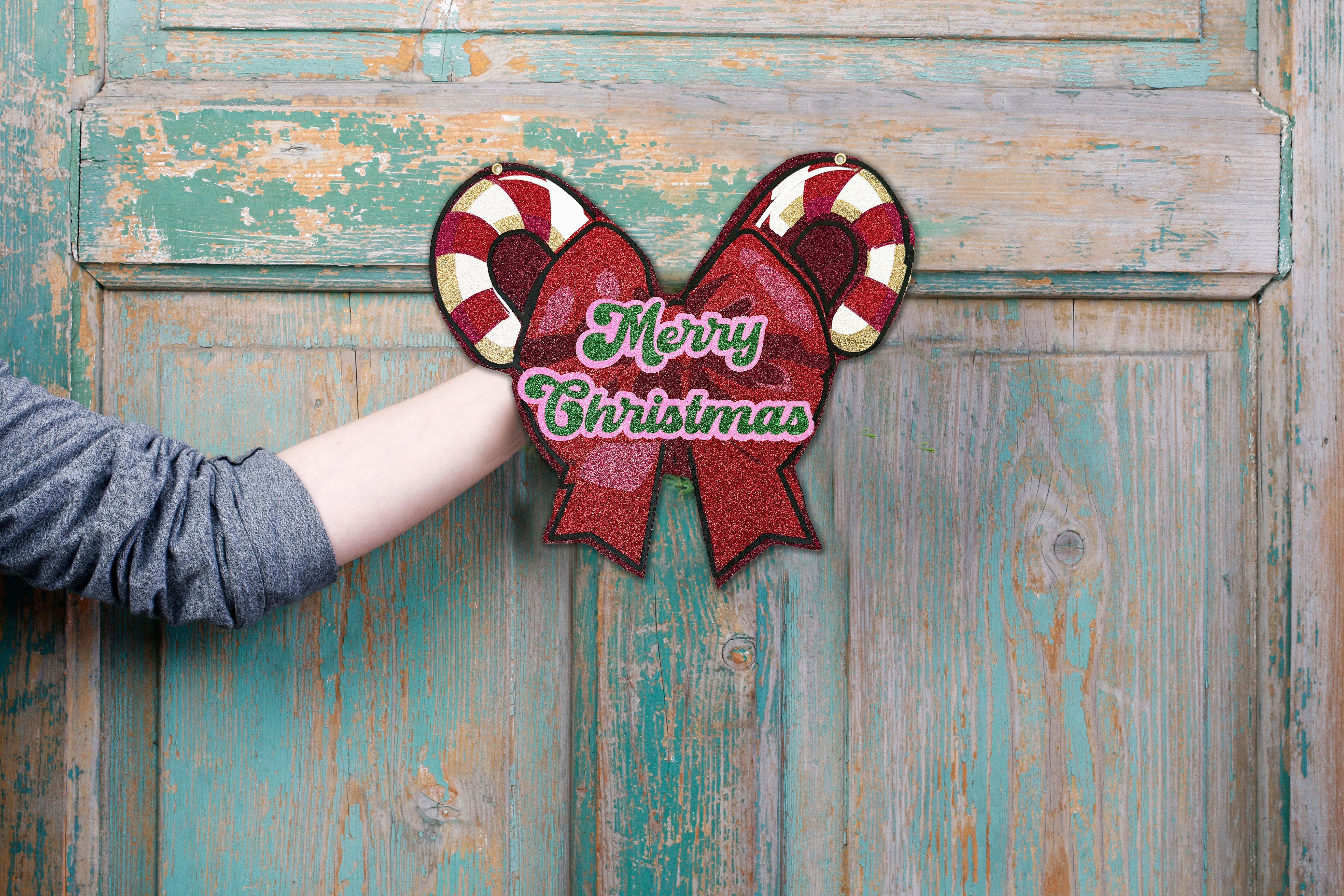 Glitter Christmas Bow Wall Sign | Candy Cane Cut-Out Ornament