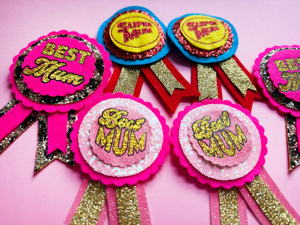 Thumbnail: Super Mum Mothers Day Badge Rosette Red and gold glitter with Blue felt