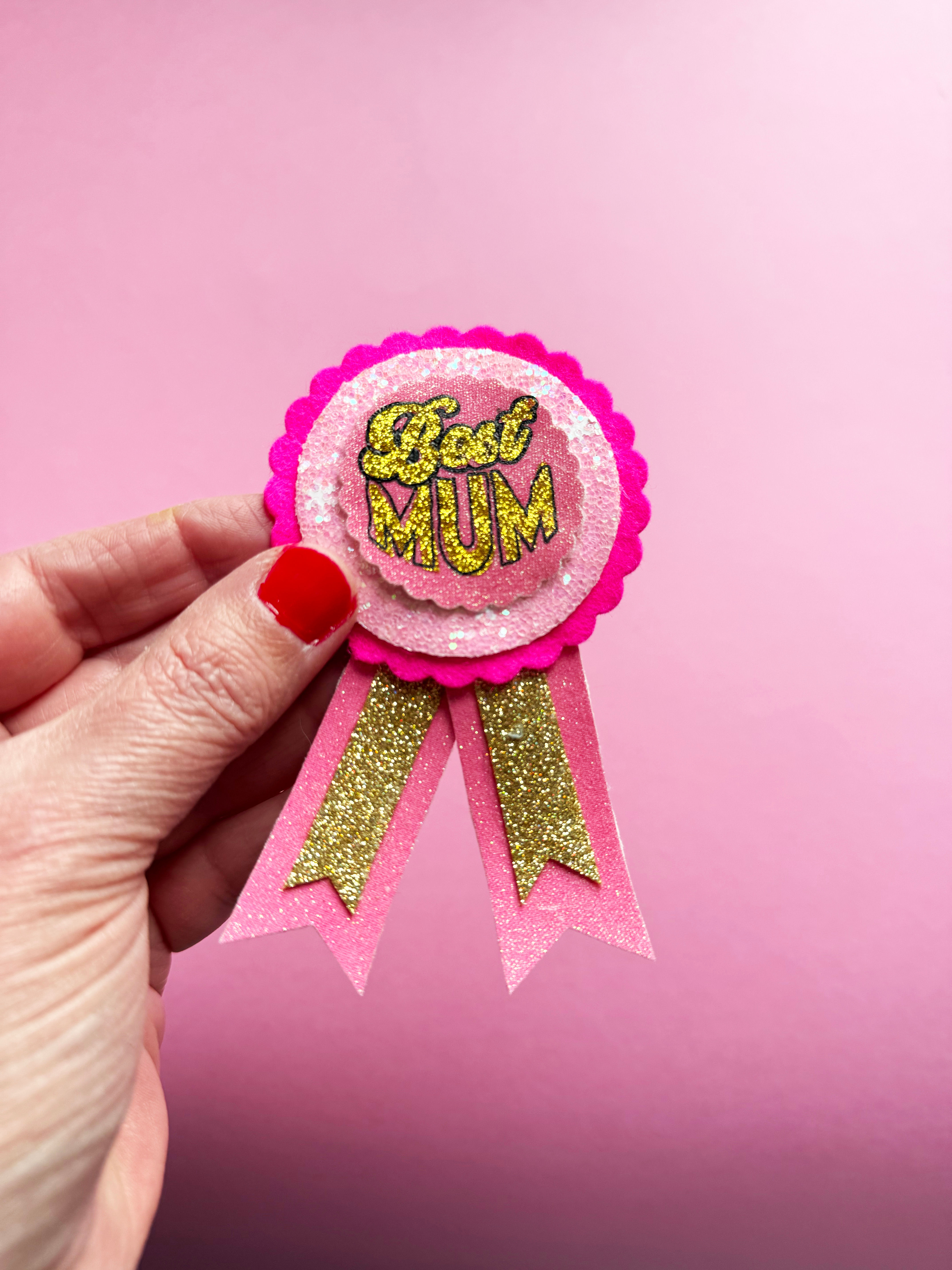 Best Mum Mothers Day Badge Rosette Baby Pink and pink gold glitter