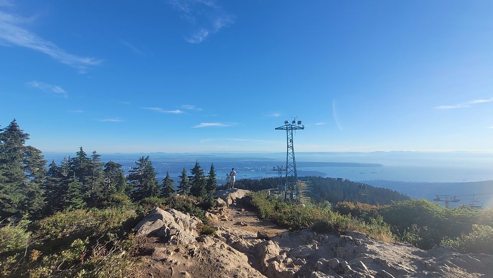 Person on top of a rocky ledge that overviews the inlet, sunny day, clear sky,