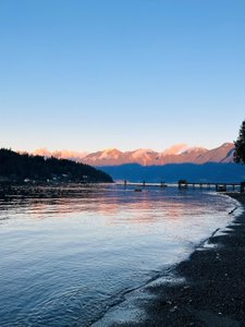 West Coast Mountain view, sunset, Sandy beach