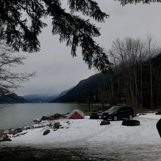winter front country camping, winter scenery, snowy campsite