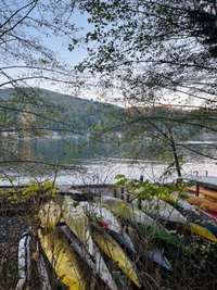 Kayaks on a beach, water in the distance