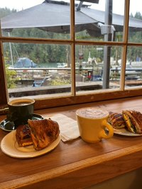 Window view of "Tell your friends café", breakfast, coffee, chocolate