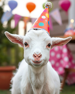 white baby goat wearing birthday hat with outside birthday party in the background.jpg