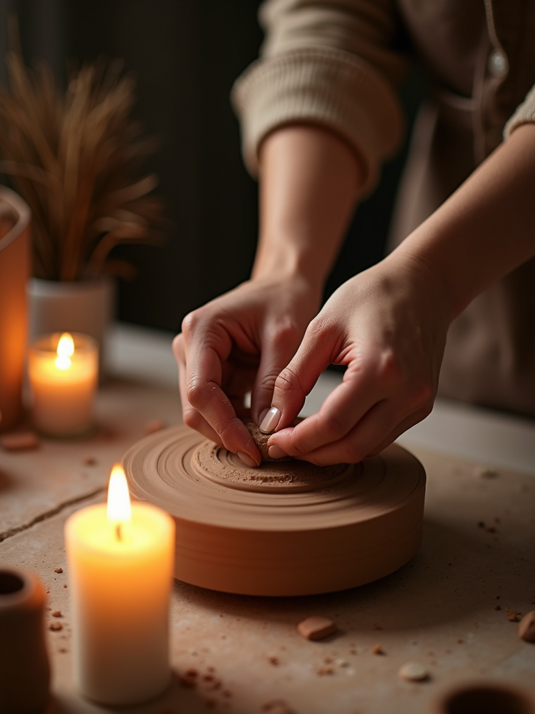 A pair of hands moving gracefully as they shape a wet clay vessel under warm ambient candlelight.