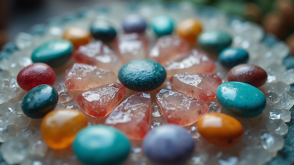 Eye-level view of a crystal grid with colorful stones arranged in a circle