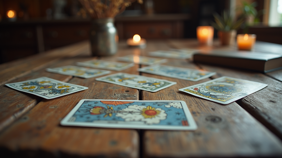 Eye-level view of tarot cards spread on a wooden table