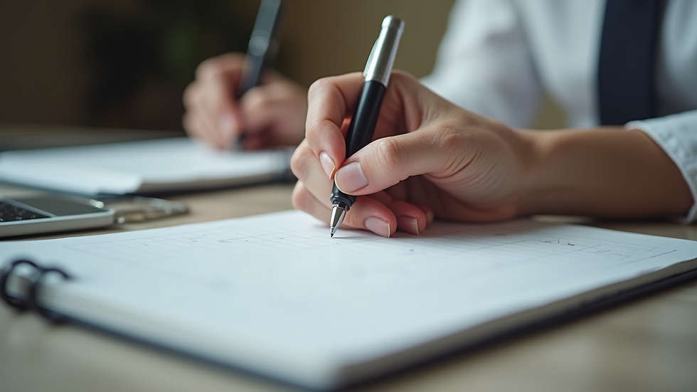 Close-up view of a therapist’s notebook with notes and a pen during a counseling session