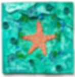 Orange starfish surrounded by green blue rocks, sea grass, clams, and anemones 