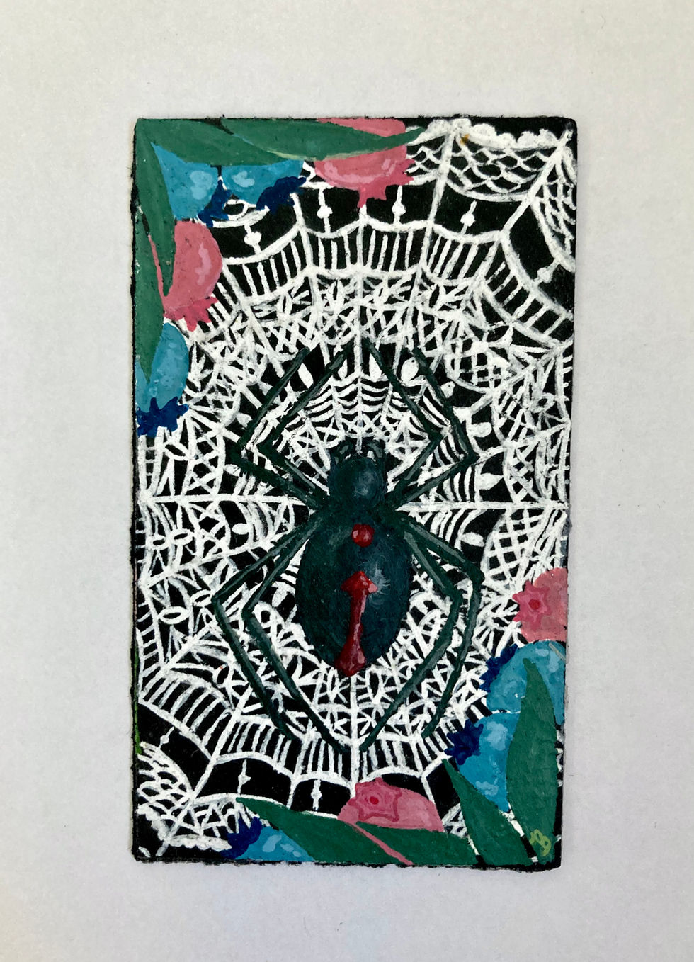 Gouache painting on a black background of a Black Widow spider on a white, lacy web with blueberries in various states of ripeness in the top left and bottom right corners.