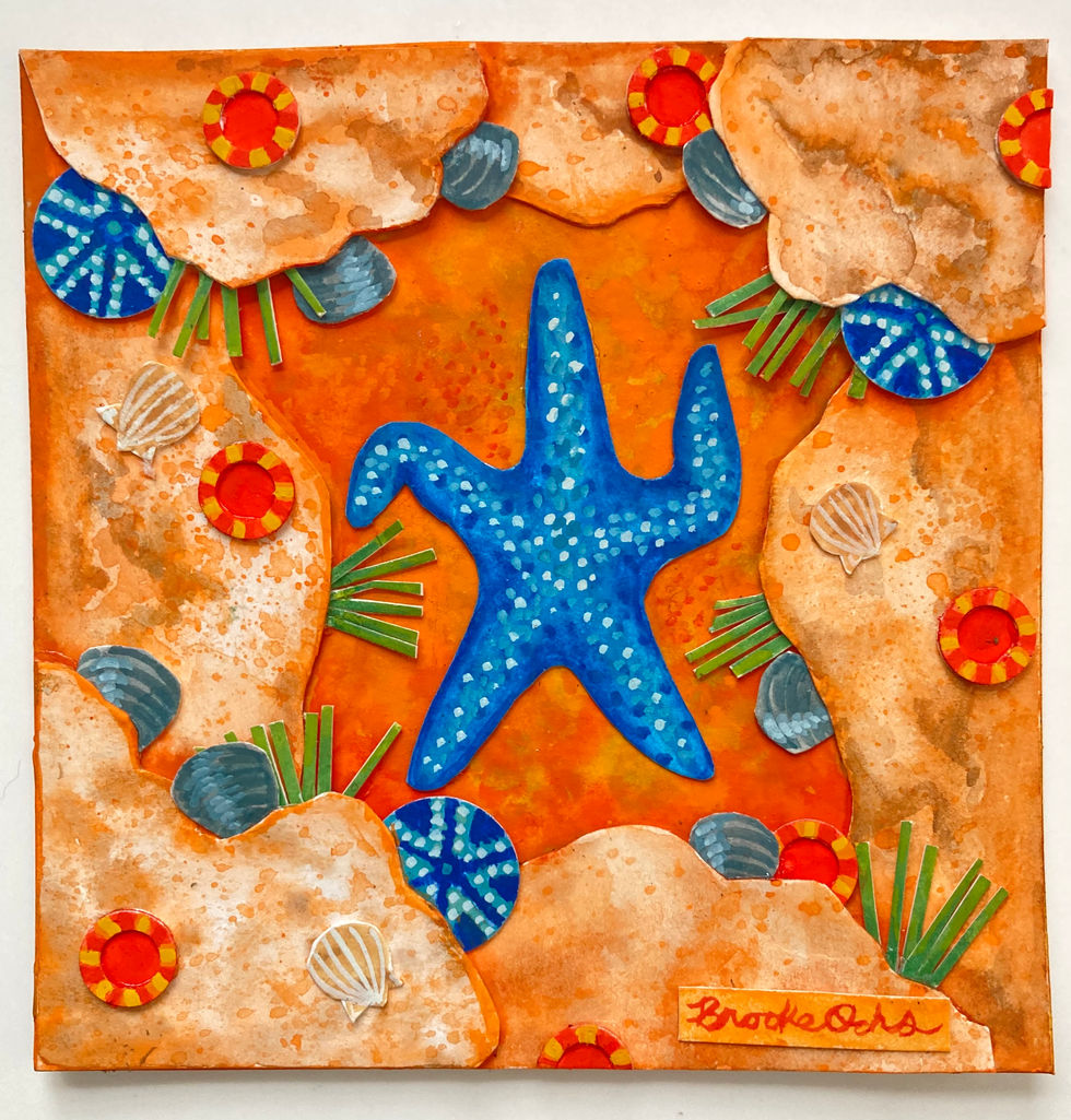 Bright blue starfish against an orange background and surrounded by clams, grasses, anemones, and scallop shells