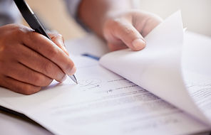 Hands, signature and writing on contract for deal at record company for music license in o
