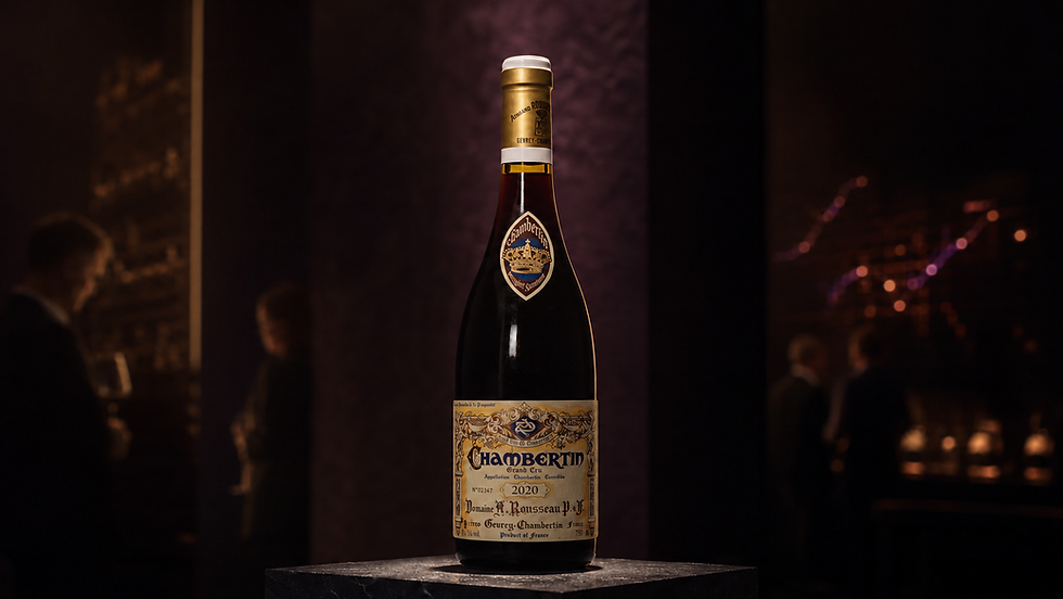 Staged illustration of Armand Rousseau Chambertin 2020 against a dark wine-cellar backdrop.