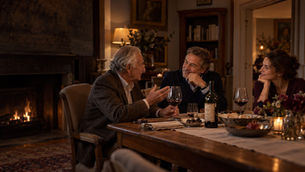 Three generations of a family sharing red wine around a dinner table.