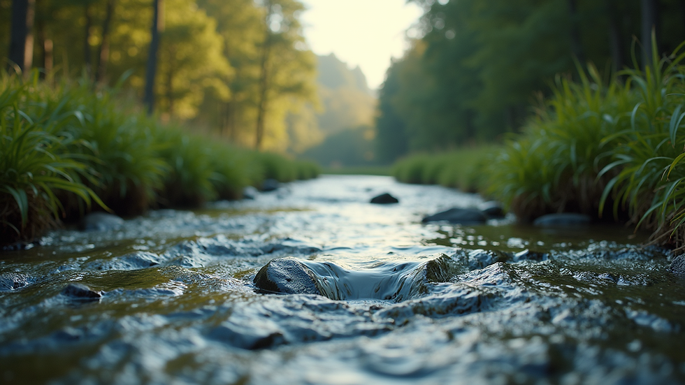 Eye-level view of a serene nature landscape with a flowing river