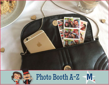 Photo booth strip prints from The Two Bonnys inside handbag on table at wedding