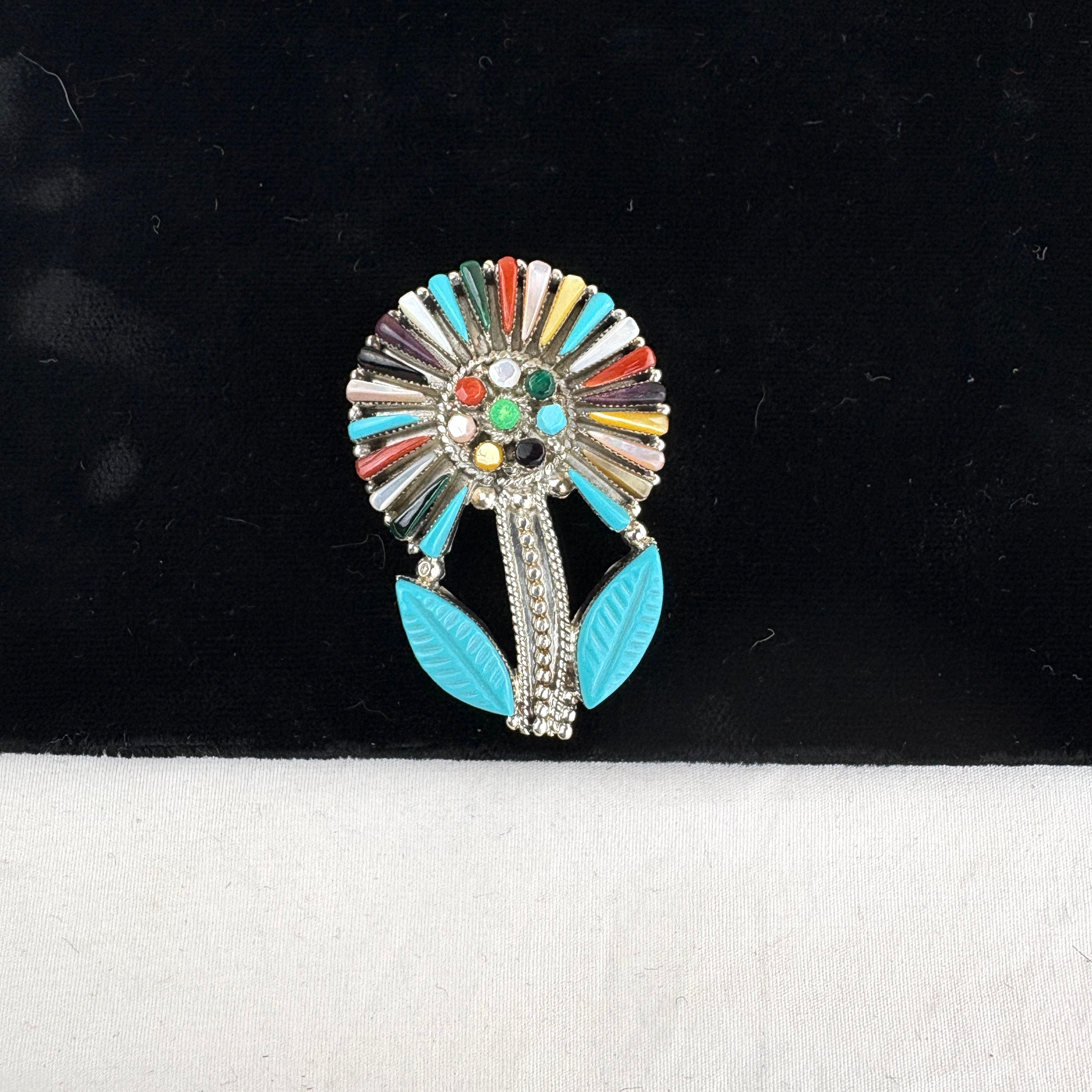Zuni Petit Point Multi-Stone Flower Pendant Pin by Vera Halusewa