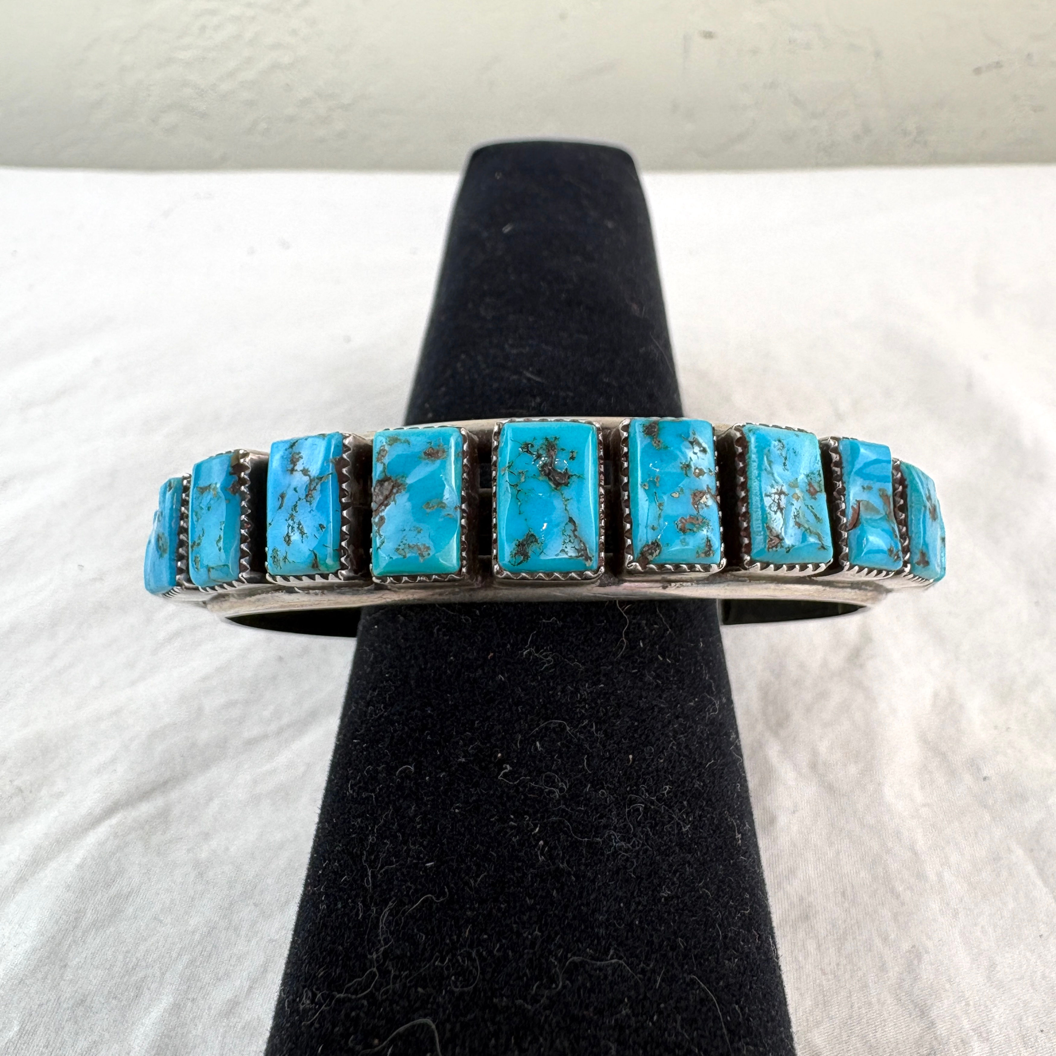 Navajo Turquoise & Silver 11 Stone Row Bracelet by Howard Begay