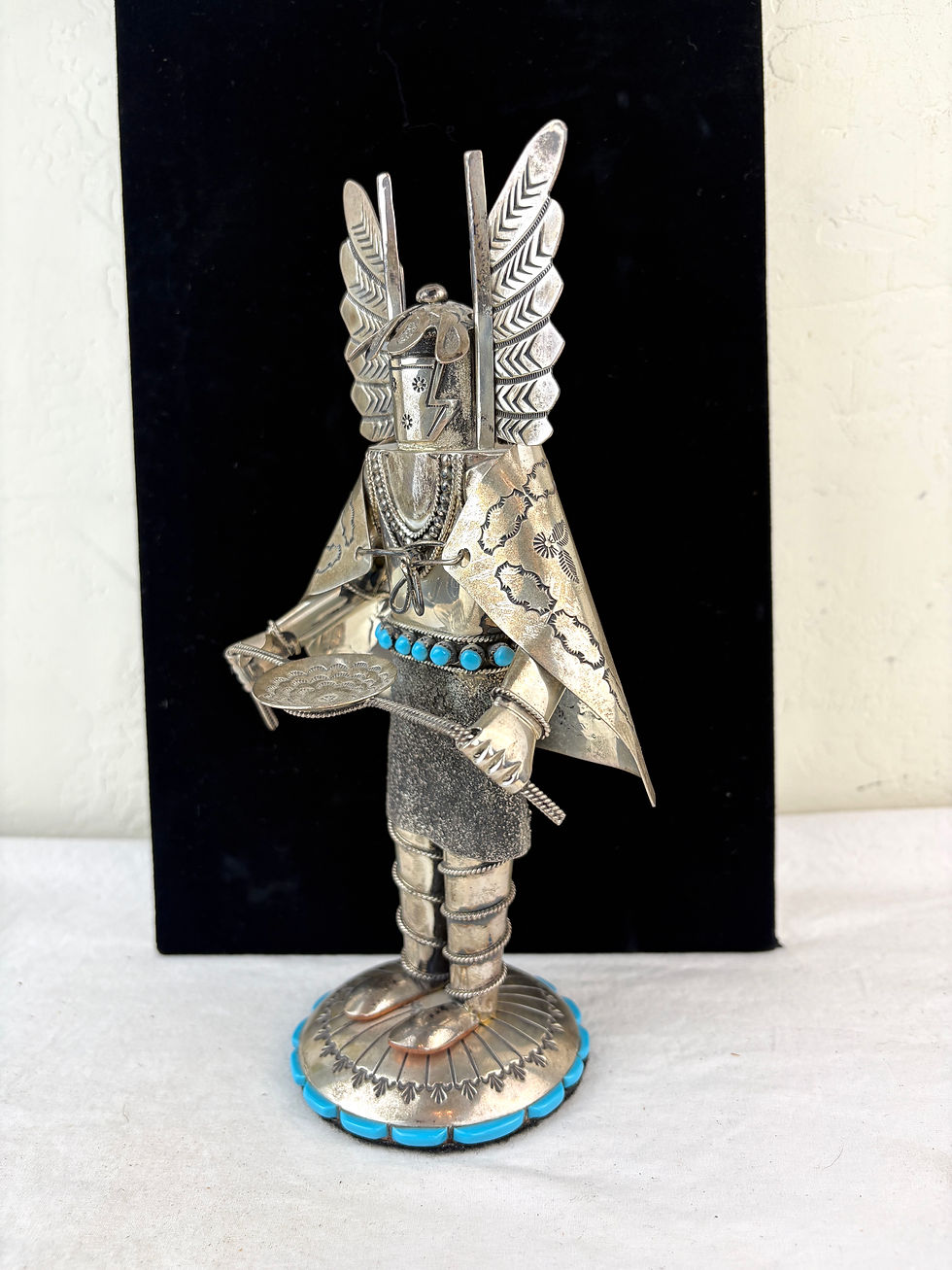 Thumbnail: Large Turquoise & Silver Crow Mother Kachina Dancer w/ Offering by Wilford Begay