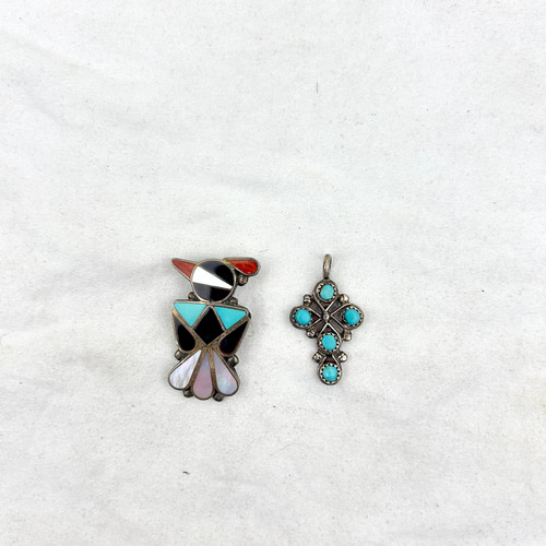 2 Zuni Inlay Thunderbird Harvey Era Pin Pendants | Antique