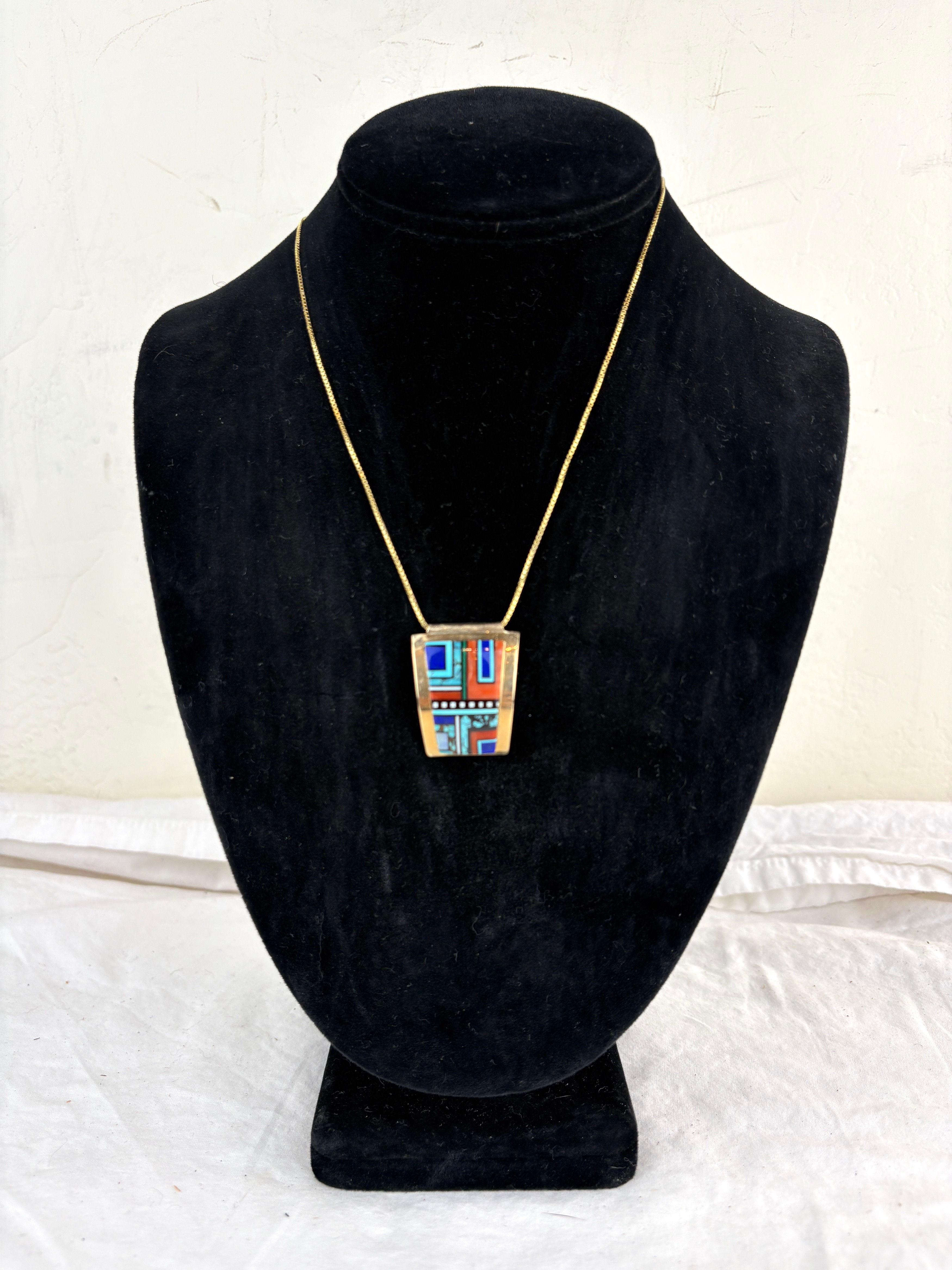 Navajo 14K Gold Inlay Pendant Necklace by Gilbert Nelson