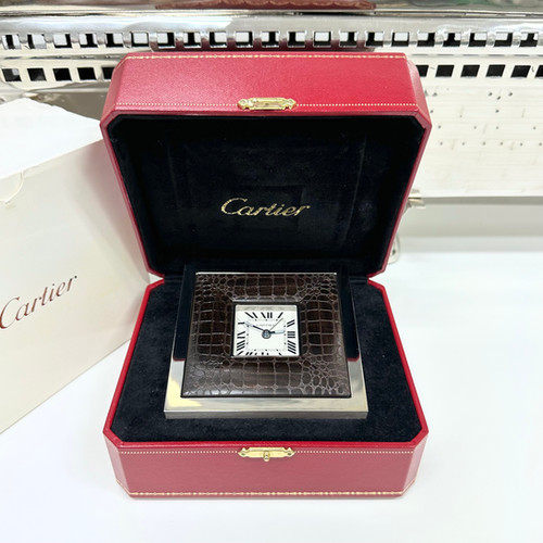 Cartier Art Deco Stainless Steel & Leather Desk Travel Clock