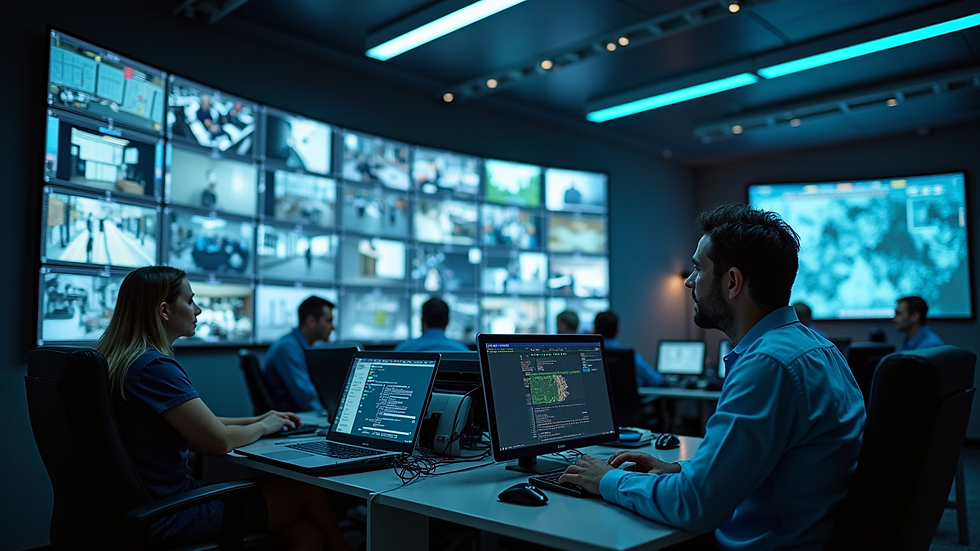 High angle view of a control room with multiple security monitors displaying live feeds