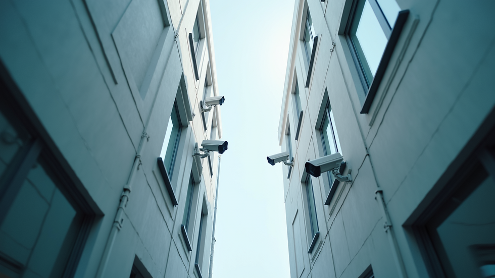 Vertical view of an office building with surveillance systems installed