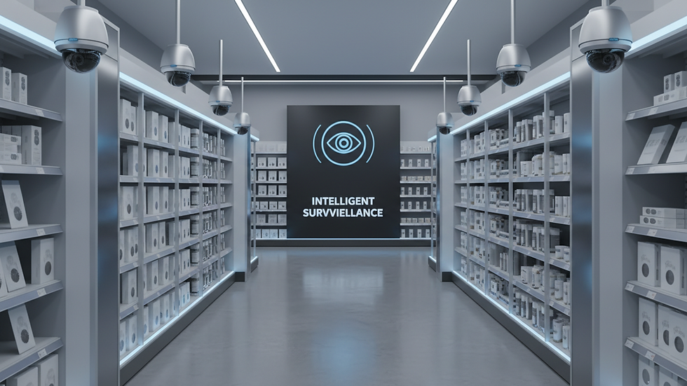 Eye-level view of retail store aisle with security cameras