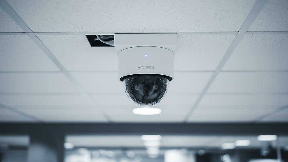 Close-up view of AI-powered CCTV camera mounted on retail ceiling