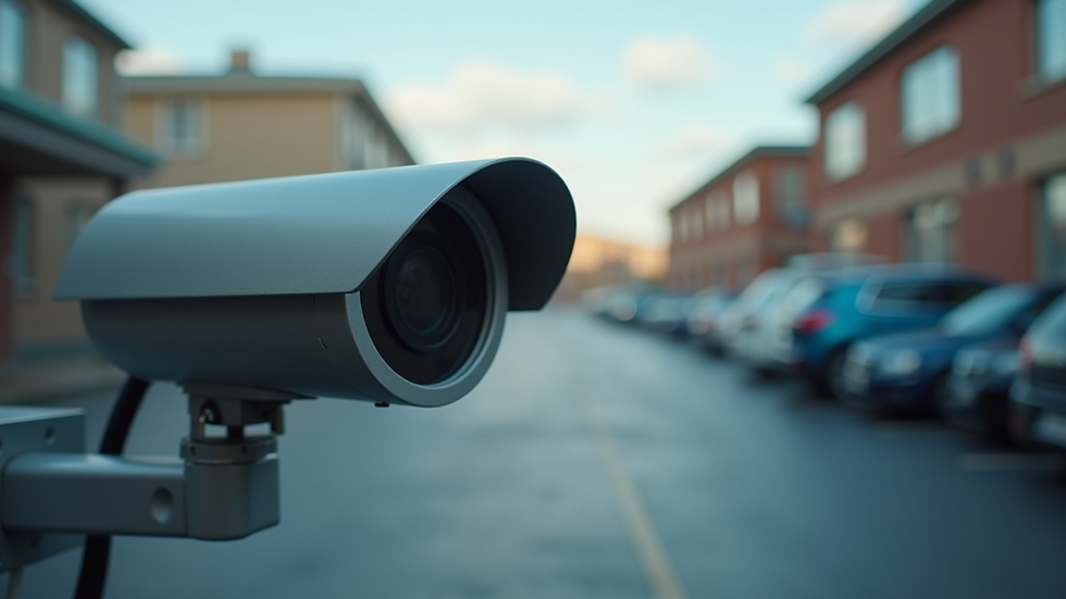 Close-up view of a security camera lens focusing on a parking lot