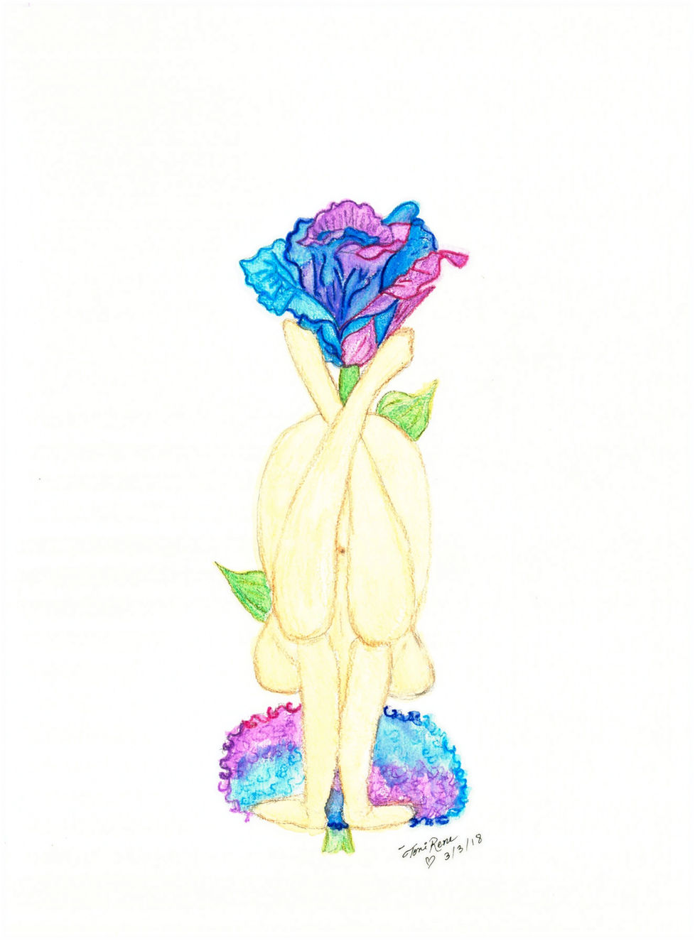 Figure with ombre blue and purple hair with ombre rose growing behind.