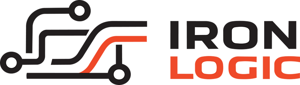 Wide landscape logo for Iron Logic with black and orange circuit-like lines and bold text IRON LOGIC