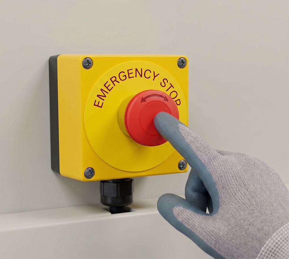 Gloved hand pressing a red emergency stop button. Industrial Saftey.