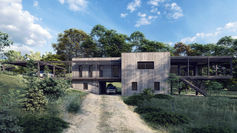Villa contemporaine en Ardèche implantée sur un terrain boisé en pente, avec façade minérale, terrasses surélevées et structure apparente.