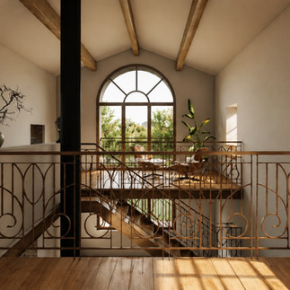 Mezzanine lumineuse aménagée dans une ancienne bâtisse rénovée avec garde-corps inspiré de l'Art Déco belge