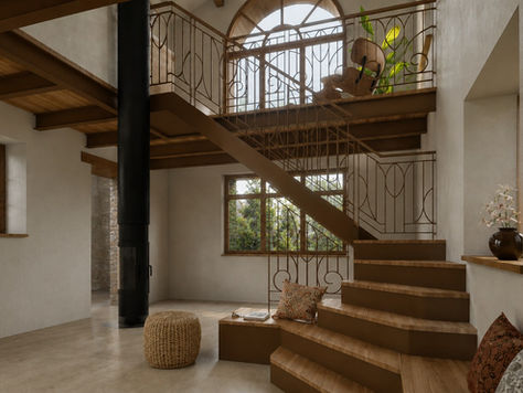 Rénovation patrimoniale d'une bâtisse en pierre dans le Gard avec mezzanine ouverte, escalier sur mesure et garde-corps Art Déco