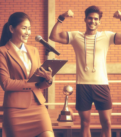 Selbstbewusste Frau macht Präsentation. erfolgreicher Mann im Leistungssport