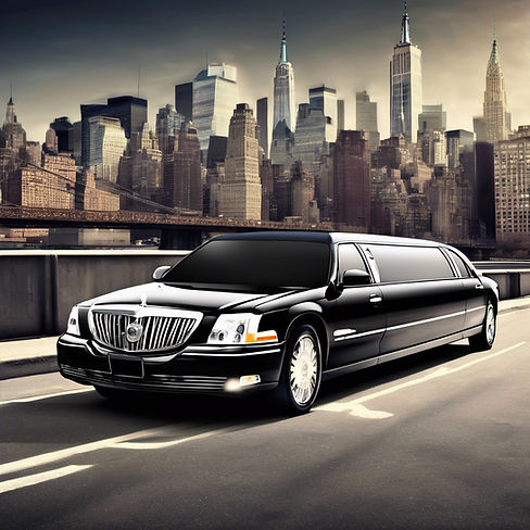sleek executive realistic looking limousine with a realisitc looking nyc in the background