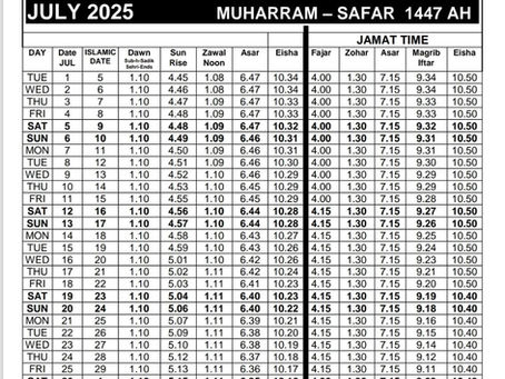 JULY 2025 SALAAH TIMETABLE