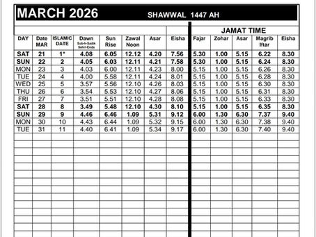 MARCH 2026 SALAAH TIMETABLE