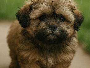 Fluffy shih tzu puppy Smokey sitting on the grass, looking curious and a little grumpy on a rainy day.