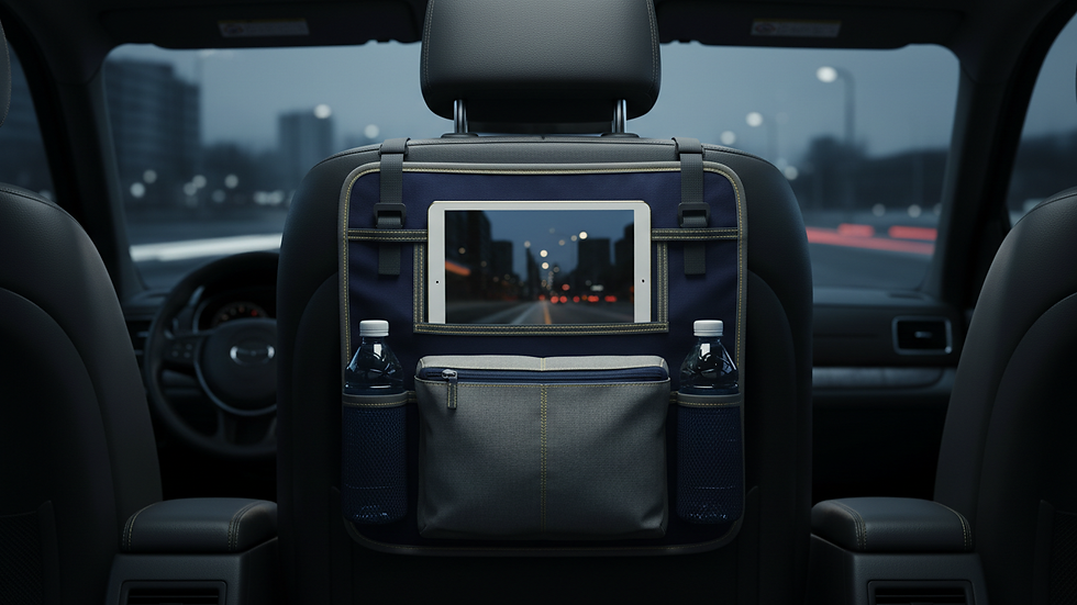 Close-up view of car organizer attached to the back of a car seat