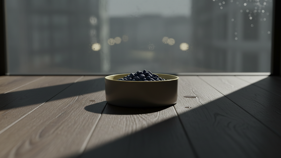 Eye-level view of a pet feeding bowl on a wooden floor