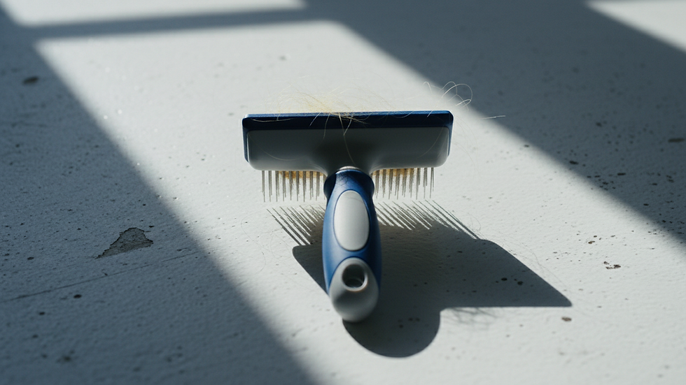 Close-up view of a pet grooming brush on a white surface