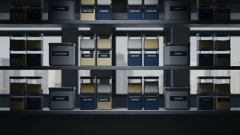 Eye-level view of a modern kitchen shelf with organized storage containers