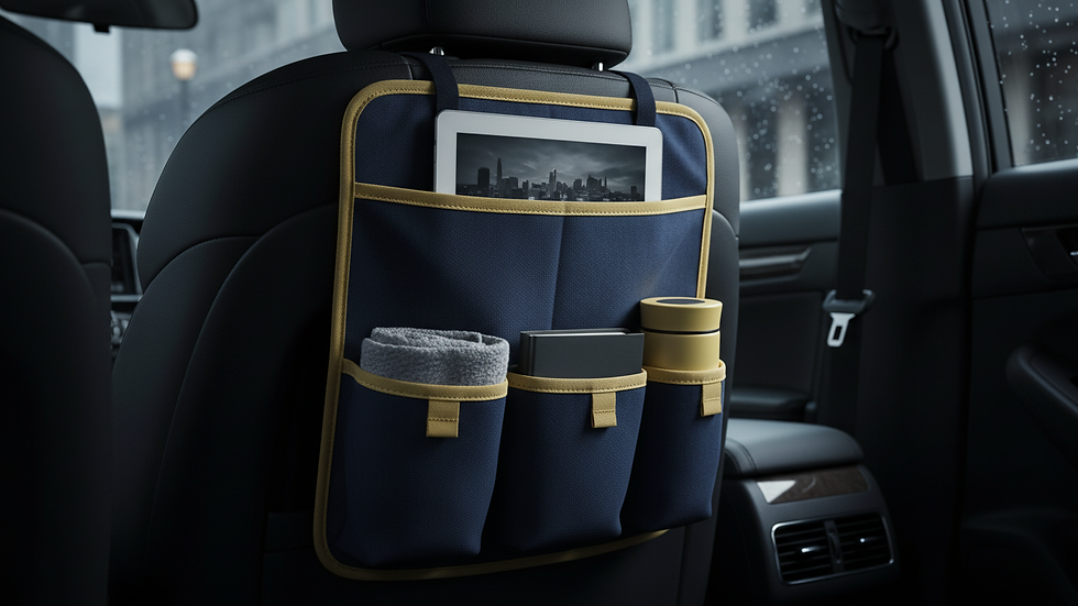 Close-up view of car organizer attached to the back of a front seat