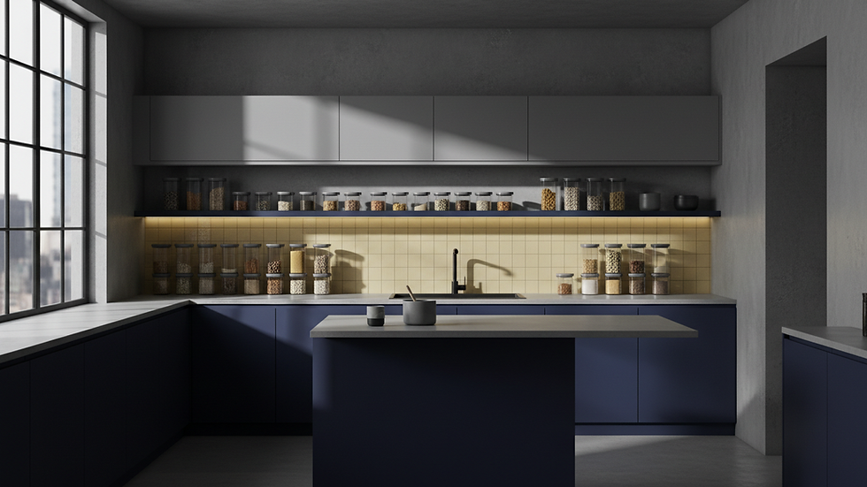 Eye-level view of a modern kitchen with practical storage containers
