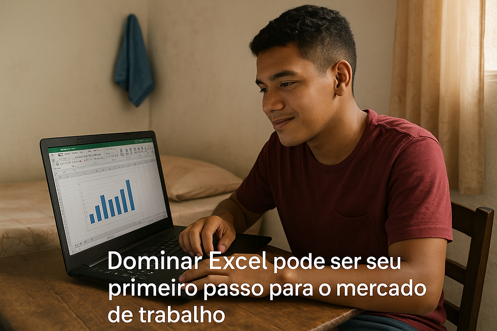 Jovem trabalhando no computador usando Excel para o primeiro emprego